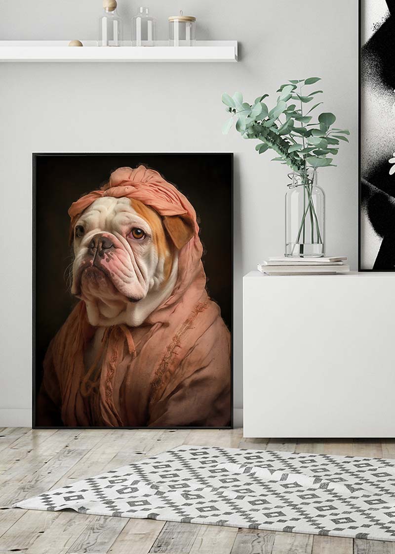 English Bulldog in Peach Outfit Print