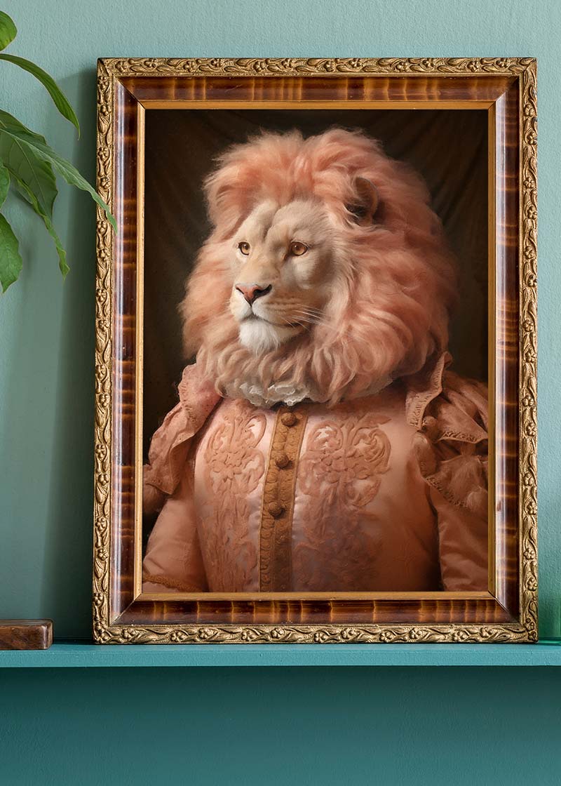 Lion in Peach Jacket Animal Portrait Print