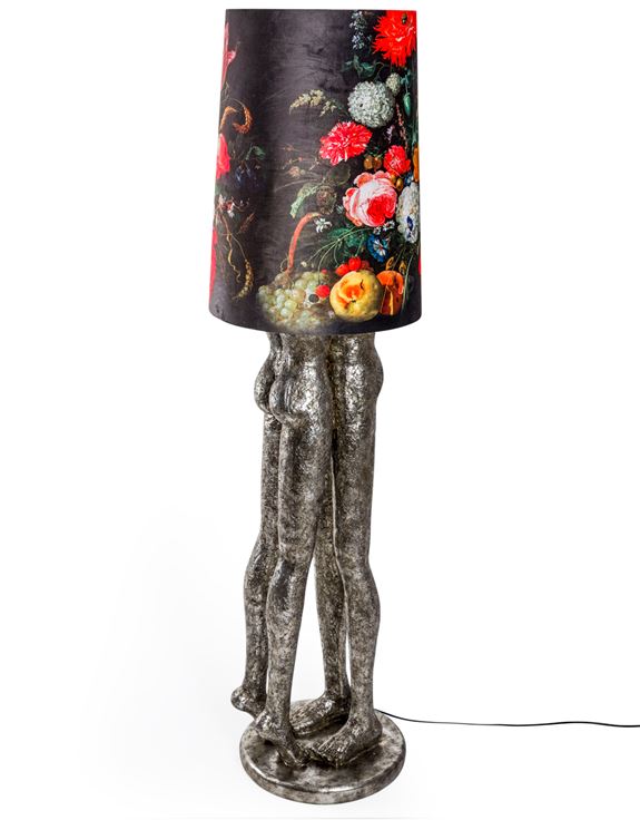 Antique Silver Shady Lovers Floor Lamp with Floral Boho Velvet Shade