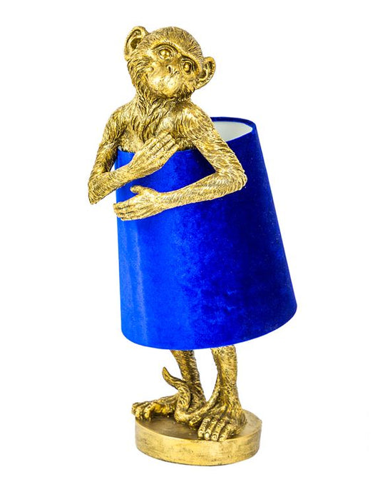 Bashful Gold Monkey Table Lamp With Blue Velvet Shade