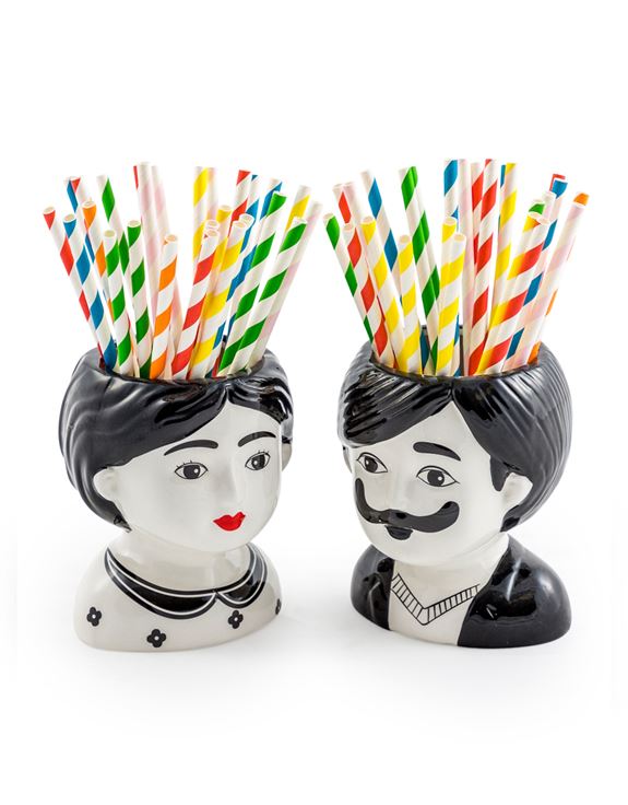 Black and White S/2 Small Man and Woman Ceramic Pots