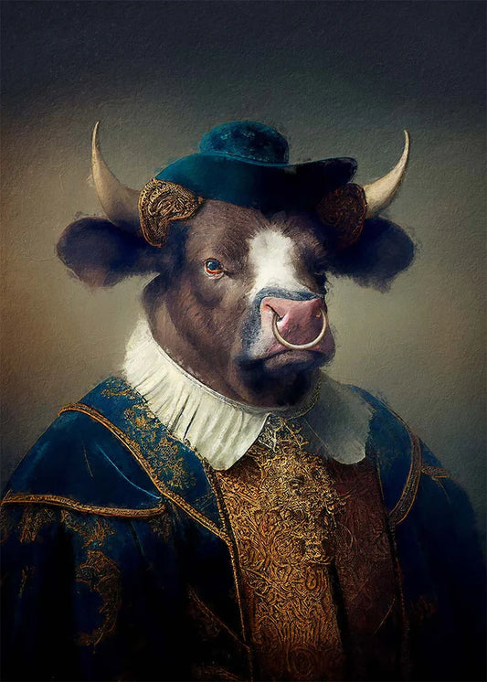 Bull with Hat Animal Head Portrait Print
