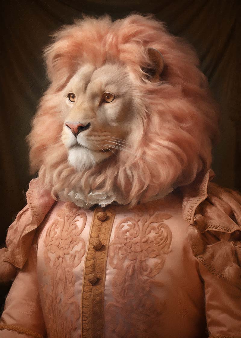 Lion in Peach Jacket Animal Portrait Print