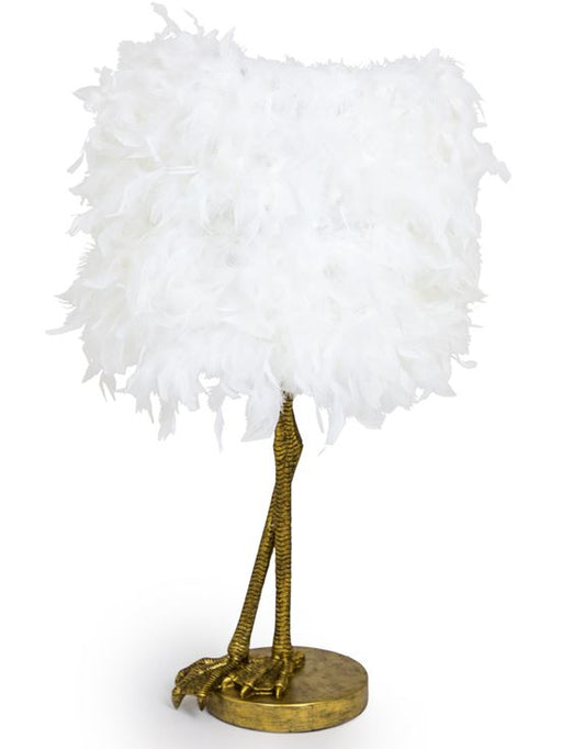 Antique Gold Large Bird Leg Table Lamp with White Feather Shade