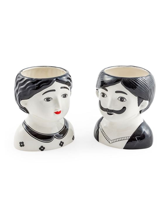 Black and White S/2 Large Man and Woman Ceramic Pots