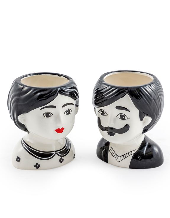 Black and White S/2 Small Man and Woman Ceramic Pots