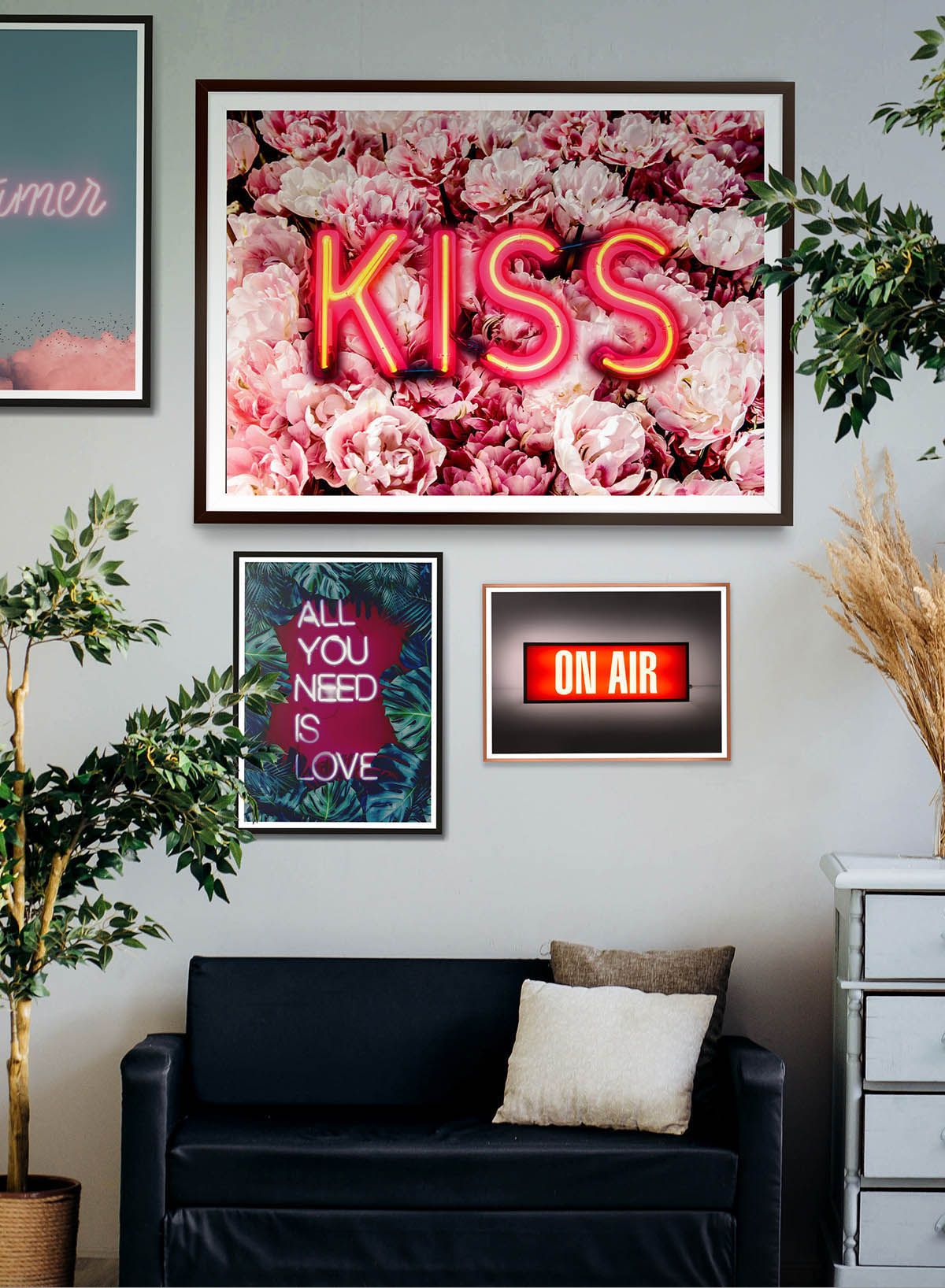 Kiss Neon Sign Roses Print