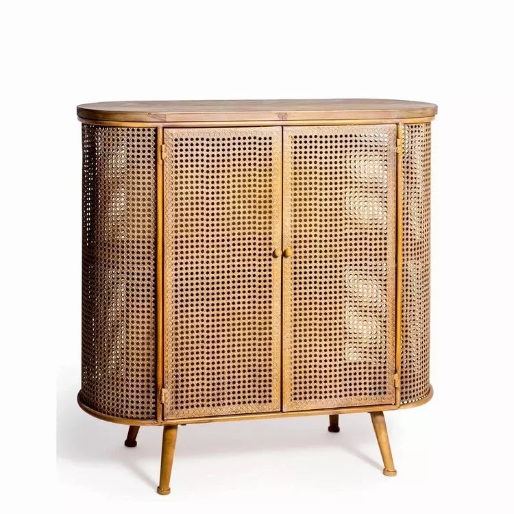 Metal Rattan & Rustic Wood Side Cabinet