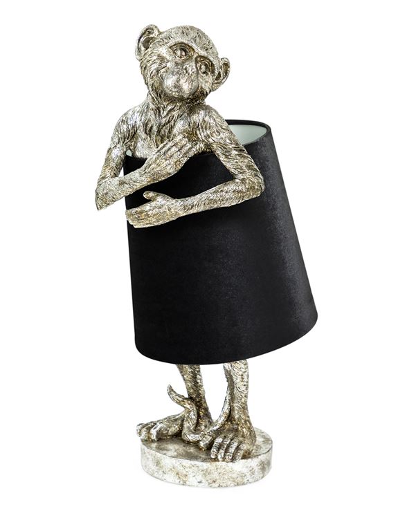 Silver Bashful Monkey Table Lamp With Black Velvet Shade